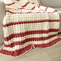 Crochet Wool Throw Blanket, White Pink Lilac Striped, Boho Bedroom Decor - thumbnail 4