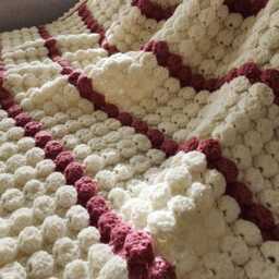 Crochet Wool Throw Blanket, White Pink Lilac Striped, Boho Bedroom Decor - thumbnail 2