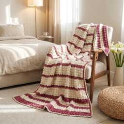 Crochet Wool Throw Blanket, White Pink Lilac Striped, Boho Bedroom Decor