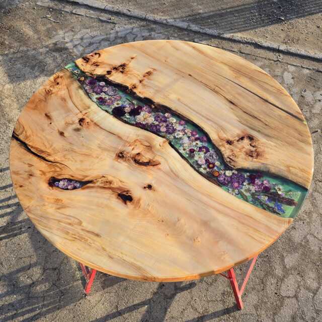 Dining Table Round 160 cm Diameter, Led, Real Flower Design, Epoxy Resin Table, Work Of Art, River Color Green - image 1