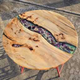 Dining Table Round 160 cm Diameter, Led, Real Flower Design, Epoxy Resin Table, Work Of Art, River Color Green - thumbnail 1