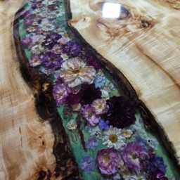 Dining Table Round 160 cm Diameter, Led, Real Flower Design, Epoxy Resin Table, Work Of Art, River Color Green - thumbnail 2