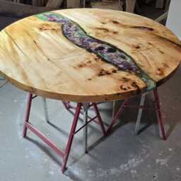 Dining Table Round 160 cm Diameter, Led, Real Flower Design, Epoxy Resin Table, Work Of Art, River Color Green - thumbnail 3
