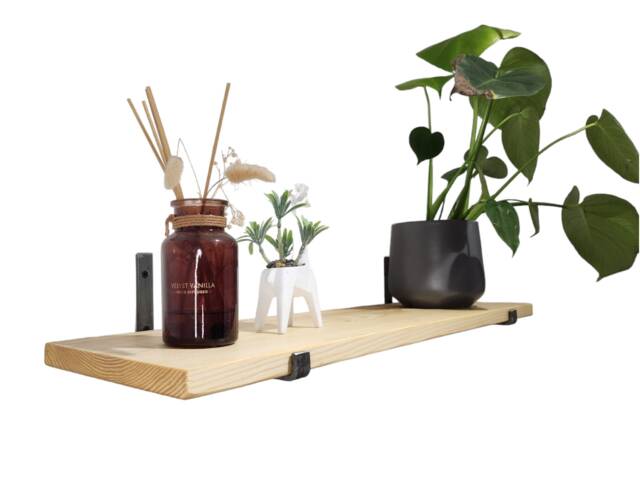 Industrial Rustic Wall Shelf - Slim Pine & Metal J Brackets Handmade Shelving Living Room Decor UK Made Free Delivery - image 1
