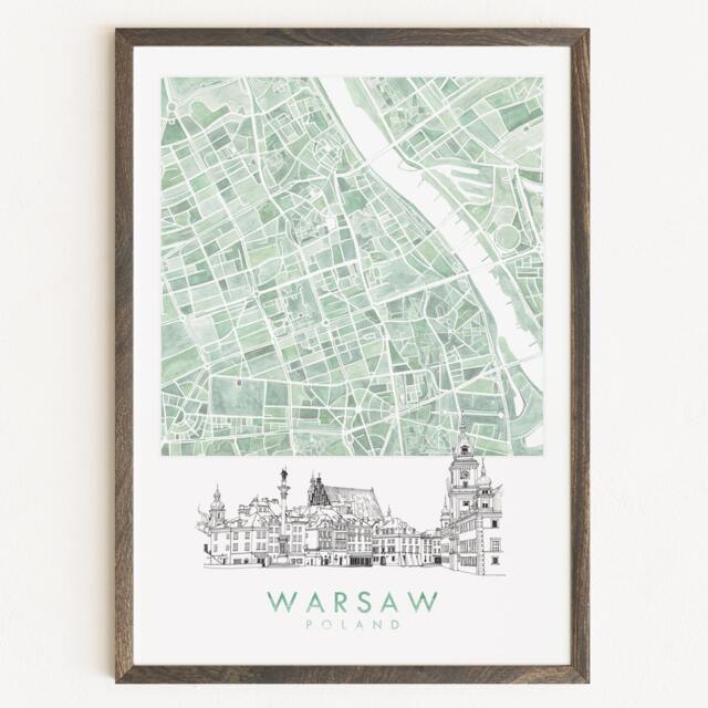 Warsaw Watercolor Map & Architectural Sketch Print Poland City Block Plan - Art Print Anniversary Wedding Graduation Gift European Travel - image 1