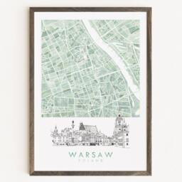 Warsaw Watercolor Map & Architectural Sketch Print Poland City Block Plan - Art Print Anniversary Wedding Graduation Gift European Travel - thumbnail 1