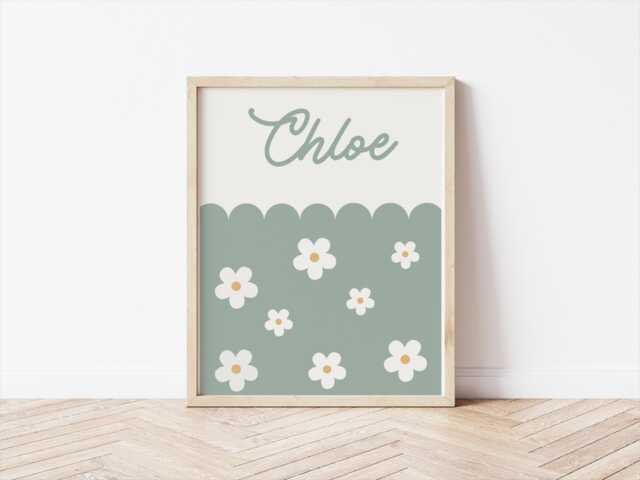 Green Daisy Floral Personalised Name Print For Girls Bedroom Or Playroom, Wall Decor - image 1