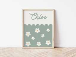 Green Daisy Floral Personalised Name Print For Girls Bedroom Or Playroom, Wall Decor - thumbnail 1