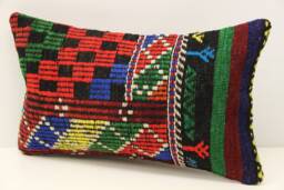 Turkish Kilim Lumbar Pillow Cover, Wool & Cotton - 12x20 Inch - thumbnail 1