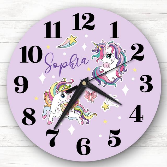 Purple Unicorns Girls Room Custom Gift Personalised Clock - image 1