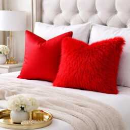Red Pillow Cover, Fur Cover, Faux Christmas Pillow, Home Decor, Cushion, Mongolian - thumbnail 2