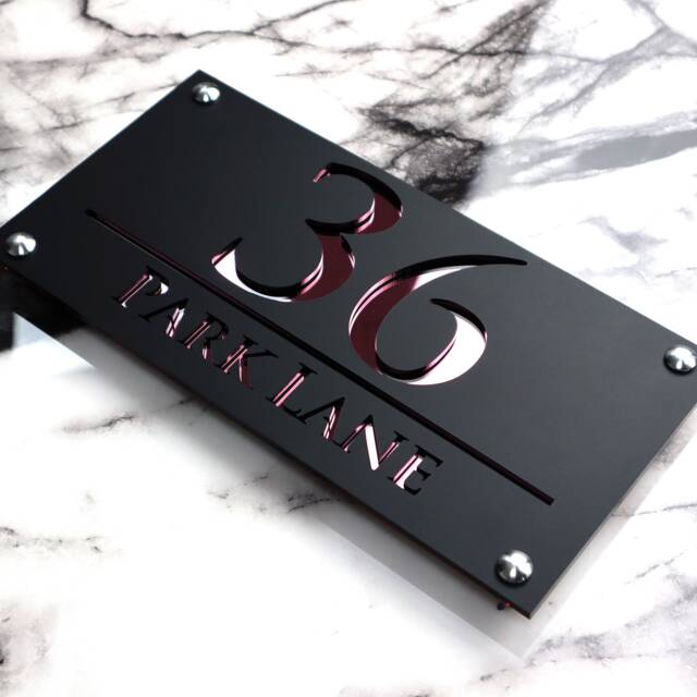 House Wall Plaques UK - Luxe A4 Name Sign Sleek Acrylic Laser Cut Design Personalised Home D??cor Black & Rose Gold 28cm X 14cm - image 1