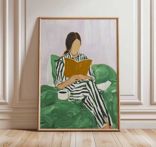 Modern Reading Woman Wall Art Print - Minimalist Abstract Poster Cozy Pajama Coffee Artwork Contemporary Home Decor - image 1