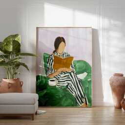 Modern Reading Woman Wall Art Print - Minimalist Abstract Poster Cozy Pajama Coffee Artwork Contemporary Home Decor - thumbnail 2