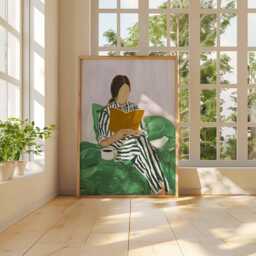 Modern Reading Woman Wall Art Print - Minimalist Abstract Poster Cozy Pajama Coffee Artwork Contemporary Home Decor - thumbnail 3