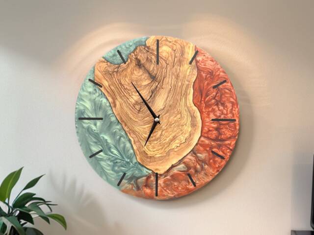 Custom Resin & Olive Wood Wall Clock Live Edge Rustic Decor - image 1