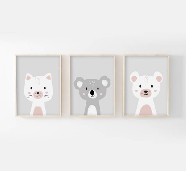 Set Of 3 Children's Posters Cat, Koala, Bear Baby Shower Gift Animal Wall Poster Grey & Pink Decoration - image 1