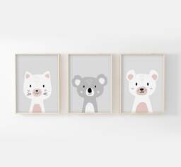 Set Of 3 Children's Posters Cat, Koala, Bear Baby Shower Gift Animal Wall Poster Grey & Pink Decoration - thumbnail 1