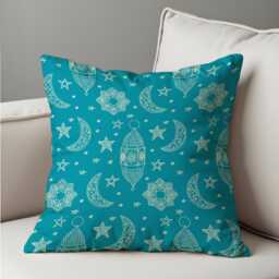 Ramadan Cushion Cover, Turquoise Islamic Pillowcase, Crescent Moon & Star Pattern Case, Eid Home Decor - thumbnail 1