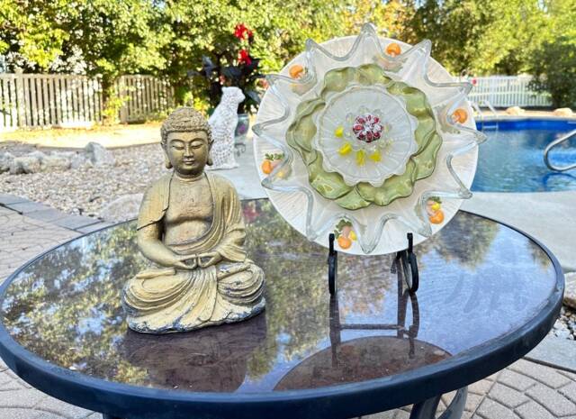 Vintage Upcycled White & Green Ceramic Glass Flower Yard Art - image 1