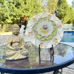 Vintage Upcycled White & Green Ceramic Glass Flower Yard Art - thumbnail 2