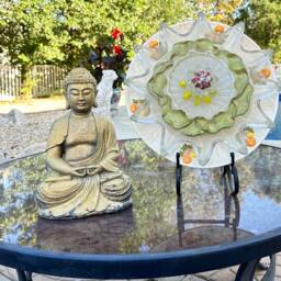 Vintage Upcycled White & Green Ceramic Glass Flower Yard Art - thumbnail 3