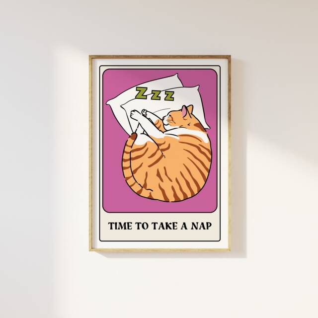The Cat Nap Tarot Card Style Print - Time For A Nap, Funky Retro Home Wall Art, Fun Card, Bold Colourful Cool Quote Print, 90S Trendy - image 1