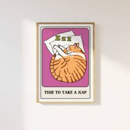 The Cat Nap Tarot Card Style Print - Time For A Nap, Funky Retro Home Wall Art, Fun Card, Bold Colourful Cool Quote Print, 90S Trendy - thumbnail 1