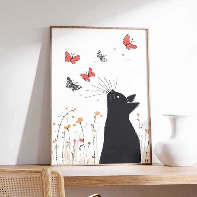 Black Cat Wall Art Print, Butterfly Modern Artwork, Cute Animal Decor For Bedroom Living Room - image 1