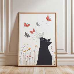 Black Cat Wall Art Print, Butterfly Modern Artwork, Cute Animal Decor For Bedroom Living Room - thumbnail 2