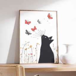 Black Cat Wall Art Print, Butterfly Modern Artwork, Cute Animal Decor For Bedroom Living Room - thumbnail 1