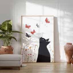 Black Cat Wall Art Print, Butterfly Modern Artwork, Cute Animal Decor For Bedroom Living Room - thumbnail 3