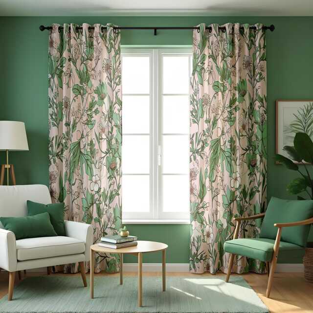 Botanical Line Art Curtains, Green & Beige Floral Leaf Pattern Drapes, Modern Nature Inspired Panels - image 1