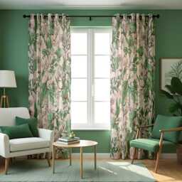 Botanical Line Art Curtains, Green & Beige Floral Leaf Pattern Drapes, Modern Nature Inspired Panels - thumbnail 1