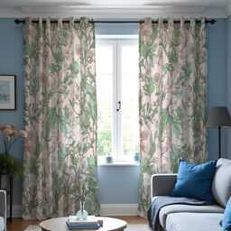 Botanical Line Art Curtains, Green & Beige Floral Leaf Pattern Drapes, Modern Nature Inspired Panels - thumbnail 4