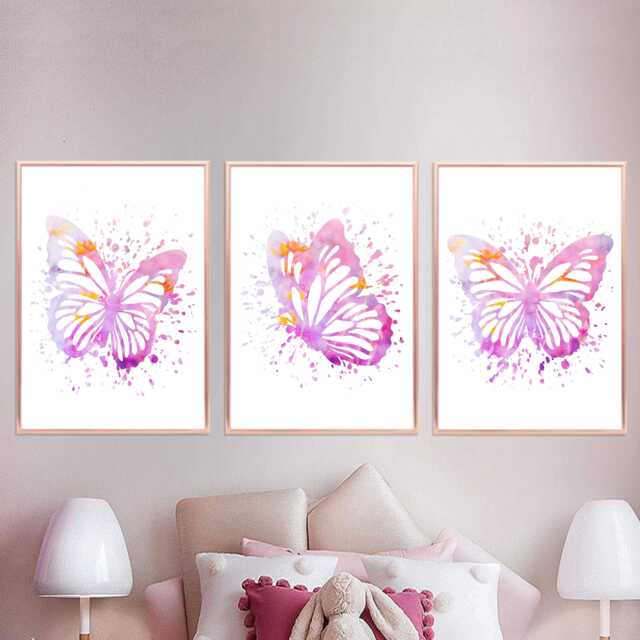 Pink Watercolour Butterfly Prints Girls Bedroom Abstract Butterflies Wall Art - image 1