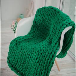 Emerald Green Chunky Knit Merino Wool Blanket, Bulky Throw - thumbnail 2