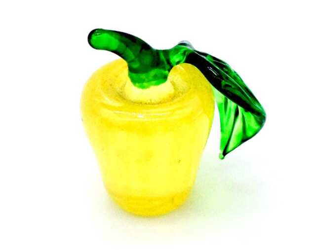 Hand Blown Glass Miniature Apple Little Yellow Green Leaf Fruit Figurine Tiny Statue Decoration Collectible Small Craft Painted Figure Deco - image 1