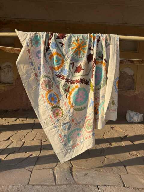Cotton Suzani Throw Blanket - Hand Embroidered Vintage Boho Home Accent - image 1