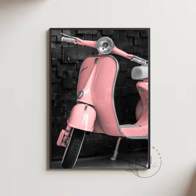 Retro Wall Print, Diner, Colourful , Pink Scooter, Vespa 80S, Cafe Kitchen Print