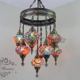 Turkish Mosaic Sultan Chandelier - 11 Large Globe Ottoman Ceiling Lamp - S11L - thumbnail 2