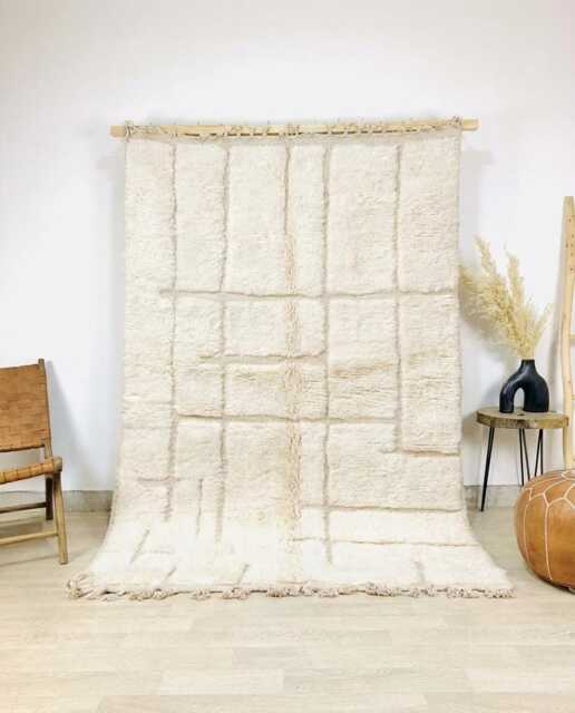 Cream Square Lattice Beni Ourain Moroccan Rug, Handmade Wool Berber Shag Large Area Rug - image 1