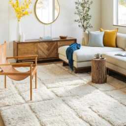 Cream Square Lattice Beni Ourain Moroccan Rug, Handmade Wool Berber Shag Large Area Rug - thumbnail 3
