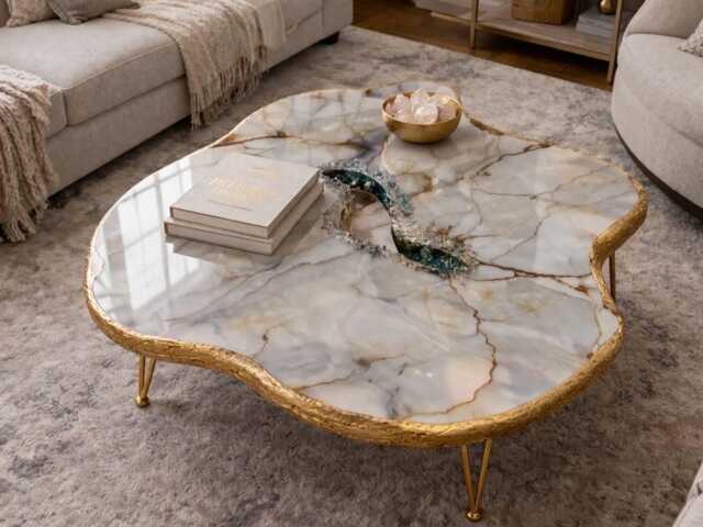 100By 70cm Handmade Geode Coffee Table, White Marble Resin Art With Gold Metal Legs - image 1