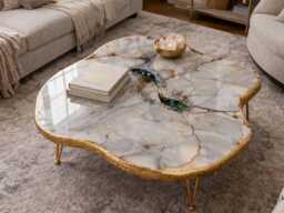 100By 70cm Handmade Geode Coffee Table, White Marble Resin Art With Gold Metal Legs - thumbnail 1