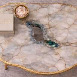 100By 70cm Handmade Geode Coffee Table, White Marble Resin Art With Gold Metal Legs - thumbnail 3