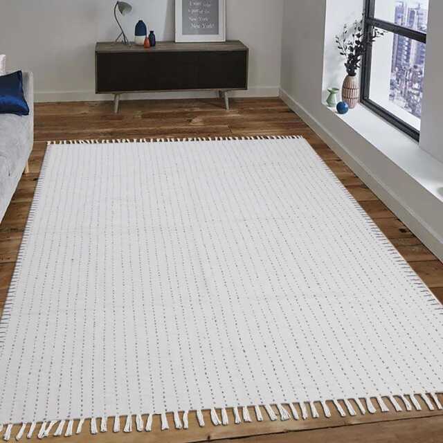 Hand-Block Printed Cotton Dhurrie Rug Beige & Black, Optional Tassels - image 1