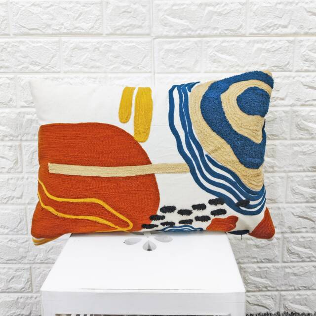 Rust Teal Blue Cream Mustard Multi Color Pillow Cover Boho Textured Case Crewel Embroidered Indian Handmade 14x20 Cushion - image 1