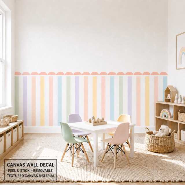 Pastel Scallop Half Wall Decal, Cottagecore Nursery Scalloped Stripe Peel & Stick Canvas Decal - image 1