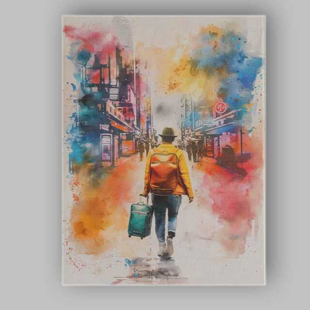 Watercolour Urban Traveller With Backpack & Suitcase City Street Canvas Wall Art Print Decor Picture Ready To Hang - image 1